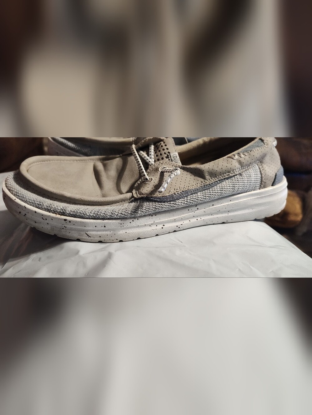 Hey Dudes Men's Casual Slip-On Boat Shoe in Light Beige And Gray. Size 7. VGUC.